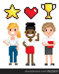 Pixel character, women full length view with power symbols heart, star and award, choosing superhero, pixelated interface, element of game vector. Superhero Female, Power Sign, Pixel Game Vector