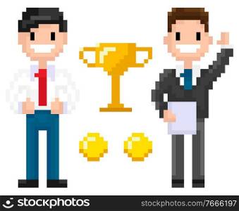 Pixel characters businessman with coins and trophy award vector, isolated man wearing business suit and tie smiling because of achievements, pixelated 8 bit graphics person. Smiling Businessman and Trophy with Coins Pixel