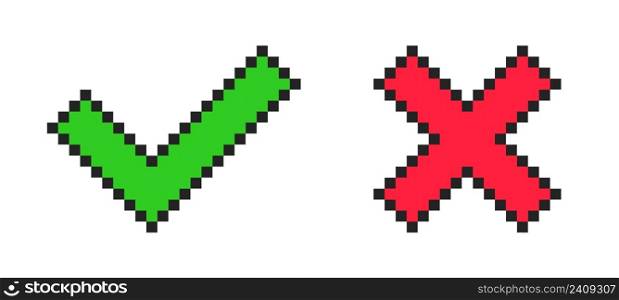 Pixel check mark and cross. Yes and no buttons. 8-bit Video game style. Vector. Pixel check mark and cross. Yes and no buttons. 8-bit Video game style. Vector illustration