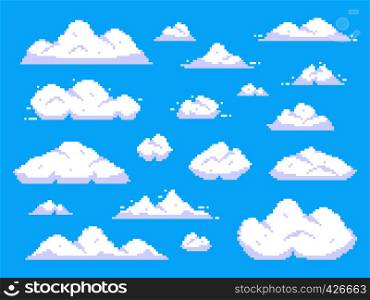 Pixel clouds. Retro 8 bit blue sky aerial cloud pixel art. Game sky clouds, pixilated aerial cloud animation scene. Background vector illustration isolated sign set. Pixel clouds. Retro 8 bit blue sky aerial cloud pixel art background vector illustration