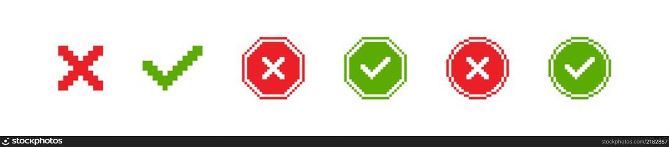 Pixel cross and check mark icon set. 8 bit retro button. Vector isolated flat