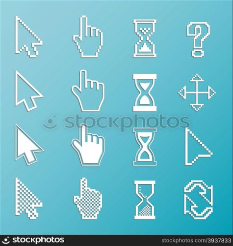 Pixel cursors and outline icons: mouse hand arrow hourglass. Vector Illustration.