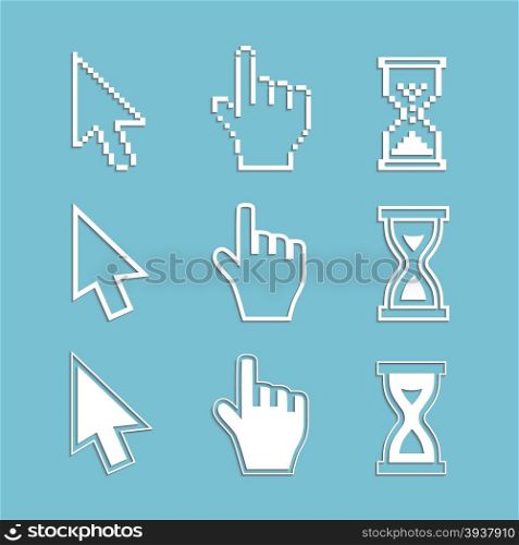 Pixel cursors and outline icons: mouse hand arrow hourglass. Vector Illustration.
