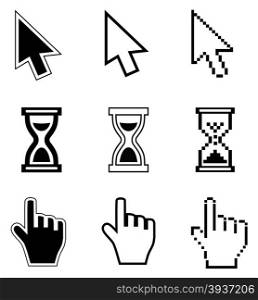 Pixel cursors icons-arrow, hourglass, hand mouse. Vector illustration.