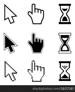 Pixel cursors icons-arrow, hourglass, hand mouse. Vector illustration.