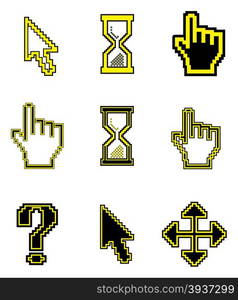 Pixel cursors icons-arrow, hourglass, hand mouse. Vector illustration.