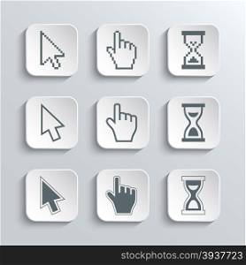 Pixel cursors Web Icons Set Mouse Hand Arrow Hourglass Vector White App Buttons Design Element With Shadow. Trendy Design Template