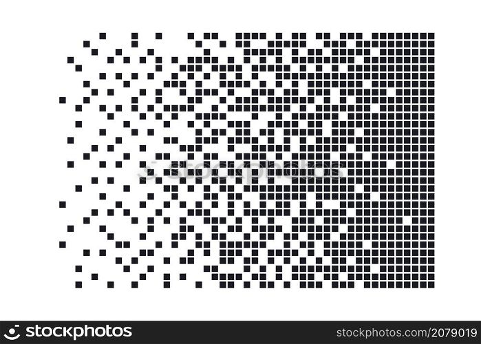 Pixel disintegration background. Decay effect. Dispersed dotted pattern. Concept of disintegration. Abstract pixel mosaic texture with simple square particles. Vector illustration on white background.. Pixel disintegration background. Decay effect. Dispersed dotted pattern. Concept of disintegration. Abstract pixel mosaic texture with simple square particles. Vector illustration on white background