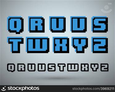 Pixel font alphabet, old video game design. Letters Q R U V S T W X Y Z. Vector illustration.
