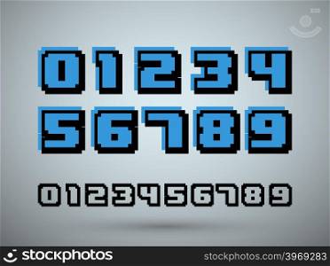Pixel font alphabet, old video game design. Numbers 0 1 2 3 4 5 6 7 8 9. Vector illustration.