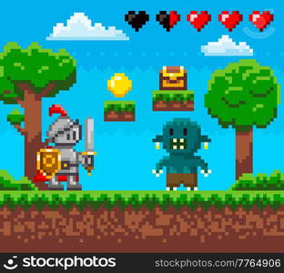 Pixel-game 8 bit retro. Brave knight in iron suit fighting against monster. Zombie attacks human, apocalypse. Trees and nature landscape pixelated video-game. Soldier personage defeats enemy. Pixel 8 bit retro game. Brave knight in iron suit fighting against monster. Zombie attacks human