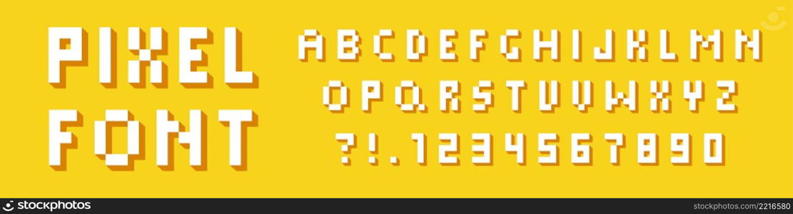 Pixel game alphabet. Pixel 3d retro font. 8-bit style. vector illustration