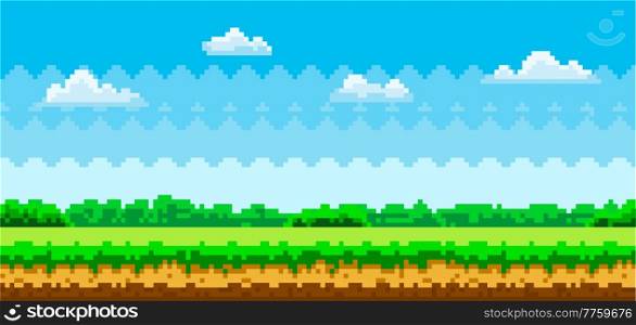 Pixel-game background. Pixel scene with green grass and forest in distance against blue sky with clouds, pixelated template for computer game or application. Flat nature landscape vector illustration. Pixel scene with green grass and forest in distance against blue sky with clouds, pixelated template
