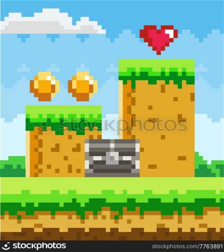 Pixel game background with coins and heart in blue sky. Pixel art game scene with green grass platform and metal chest against ground and pixelated golden money. Style landscape vector illustration. Pixel art game scene with green grass platform, metal chest on background of coins and heart