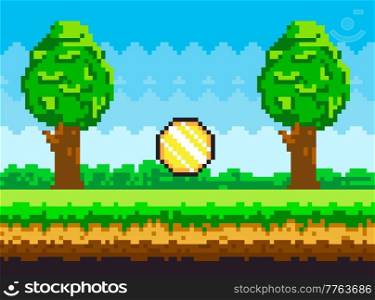 Pixel-game background with coins flying in sky. Pixel art game scene with green grass and tall trees against blue sky and pixelated golden money. Pixel style forest landscape vector illustration. Pixel-game background with coins flying in sky. Pixel art game scene with green grass and tall trees