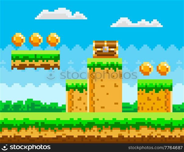 Pixel-game background with coins in blue sky. Pixel art game scene with green grass platform and wooden chest against blue sky and pixelated golden money. Pixel style landscape vector illustration. Pixel-game background with coins in sky. Pixel art game scene with green grass platform and chest