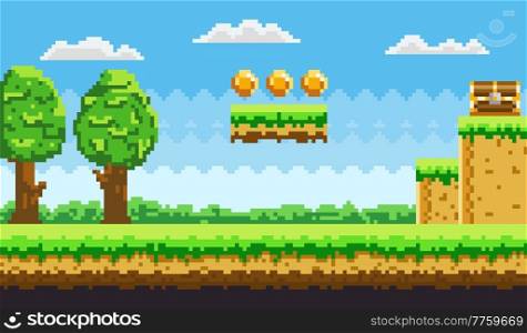 Pixel-game background with coins in the sky. Pixel art game scene with green grass platform and tall trees against blue sky and pixelated golden money. Pixel style landscape vector illustration. Pixel-game background with coins in the sky. Pixel art game with green grass platform and tall trees