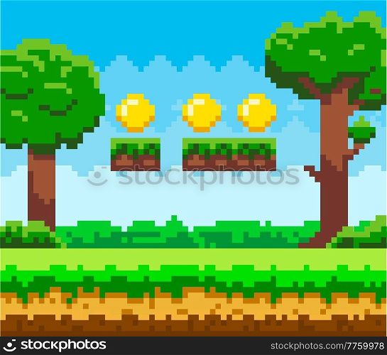 Pixel-game background with coins in the sky. Pixel art game scene with green grass platform and tall trees against blue sky and pixelated golden money. Pixel style forest landscape vector illustration. Pixel-game background with coins in the sky. Pixel art game with green grass platform and tall trees