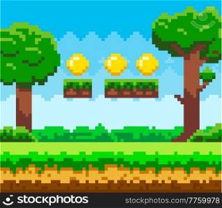 Pixel-game background with coins in the sky. Pixel art game scene with green grass platform and tall trees against blue sky and pixelated golden money. Pixel style forest landscape vector illustration. Pixel-game background with coins in the sky. Pixel art game with green grass platform and tall trees
