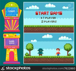 Pixel game, battle of knight with steel and geek. Gamble colorful machine, start and over icons, heroes duel, pixelated interface, green landscape vector. Duel of Knight and Monster, Game Machine Vector