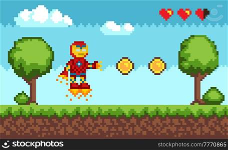 Pixel-game brave character with fire weapon. Pixelated natural landscape with warrior in red iron suit and jet boots in green meadow near golden coins. Cartoon pixel person to use in computer game. Pixelated natural landscape with warrior in red iron suit and jet boots in meadow near golden coins