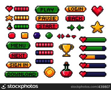 Pixel game buttons. Games UI, gaming controller arrows and 8 bit pixels button. Game pixel art magic items, digital pixelated lives bar and menu button. Vector isolated symbols set. Pixel game buttons. Games UI, gaming controller arrows and 8 bit pixels button vector set