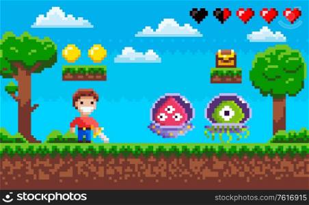 Pixel game, cavalier with steel and ufo war, coins on ground step, heart and cloudy sky, green trees, screen of duel between knight and monster vector, pixelated objects for video-game. Duel of Knight and Monster, Characters War Vector