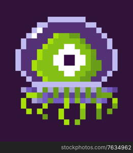 Pixel game character vector, isolated alien wearing protective costume, personage flying in space on spaceship, retro style pixelated creature monster. Pixeleted object for video-game or app 8bit game. Alien with Tentacles Wearing Costume Pixel Game