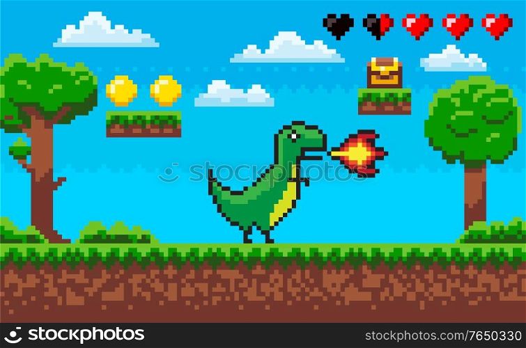 Pixel game character vector, treasure and clouds icons of life hearts. Dinosaur with flames from mouth, nature trees wooden casket with money scores. Dinosaur with Flames, Pixelated Character Vector