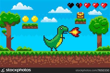 Pixel game character vector, treasure and clouds icons of life hearts. Dinosaur with flames from mouth, nature trees wooden casket with money scores. Dinosaur with Flames, Pixelated Character Vector