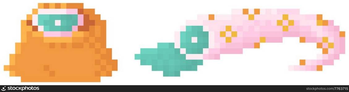 Pixel game element design. Fantasy game with alien with severed tentacle isolated on white background. Pink pixelated organism part. Dead pixel monster, creature with tentacle sticking out of crater. Fantasy game with alien with severed tentacle. Dead pixelated monster, creature without limb