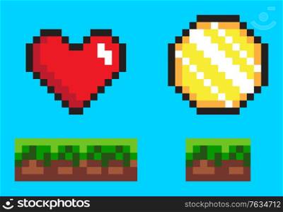 Pixel game elements, coin and heart in color. Flat style of 8bit graphics icons, animation videogames money and life symbol, wealth point sign. Pixel-art vector, pixelated 8 bit game objects. Coin and Heart on Ground, Pixel Game Icons Vector