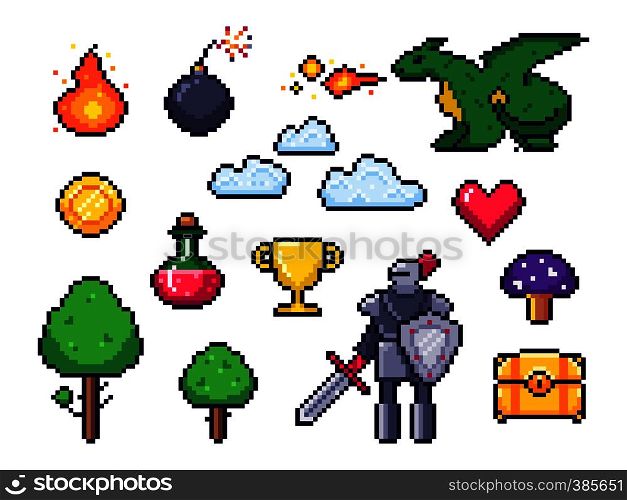 Pixel game elements. Pixelated warrior and 8 bit pixels dragon. Retro games clouds, trees and icons. Arcade pixelation gaming fire, heart and potion. Vector isolated symbols set. Pixel game elements. Pixelated warrior and 8 bit pixels dragon. Retro games clouds, trees and icons vector set