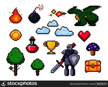 Pixel game elements. Pixelated warrior and 8 bit pixels dragon. Retro games clouds, trees and icons. Arcade pixelation gaming fire, heart and potion. Vector isolated symbols set. Pixel game elements. Pixelated warrior and 8 bit pixels dragon. Retro games clouds, trees and icons vector set