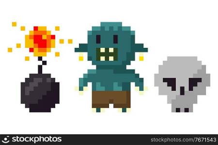 Pixel game elements vector, bomb with wick in flame isolated icon. Troll and skull, danger and explosion gamification retro flat style graphics set. Skull and Troll, Bomb with Fire Pixel Game Vector