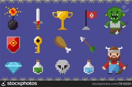 Pixel game elements vector, chicken meat nutrition and zombie, skull and trophy, diamond and elixir, viking and sword, bomb and key shield and arrow. Pixelated objects for 8 bit games. Pixel Icons Set, Chicken Leg, Skull Viking Diamond