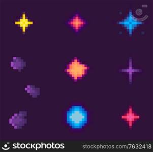 Pixel game elements vector, isolated galaxy with asteroids and stars celestial bodies on sky, outer space pixelated icons, explosion burst dust flats style. Pixelated space objects for video-game. Stars and Abstract Shapes of Galaxy Pixel Game