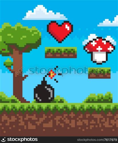 Pixel game elements vector, landscape with tree and grass, soil and ground heart and mushroom. Bomb with fire on top, explosive substance destruction, pixelated 8 bit objects for app game. Bomb with Fire, Mushroom and Heart Pixel Game