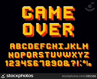 Pixel game font. Retro games text, 90s gaming alphabet and 8 bit computer graphic letters. Pixelated typeface letter, arcade game 8 bit pixel text and numbers retro vector symbols set. Pixel game font. Retro games text, 90s gaming alphabet and 8 bit computer graphic letters vector set