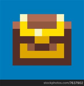 Pixel game graphics element vector, isolated icon of wooden casket with wealth, locked container with richness, mosaic design of 8 bit gamification. Wooden Box Locked Castet with Wealth Gold Pixel