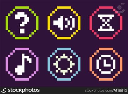 Pixel game graphics vector, isolated set of framed buttons, question mark and sound options, settings and hourglass, note and cogwheel pixelated music elements. Pixel Icons of Game, Sound and Note, Time Clock