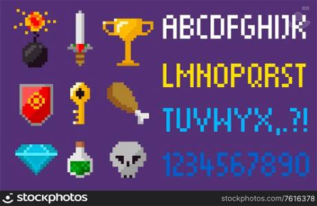 Pixel game icons and alphabet vector, sword and elixir in glass. Skull and diamond brilliant and chicken, key and bomb, shield and key trophy award, pixelated 8 bit objects. Pixel Game Elements, Alphabet and Icons Diamond