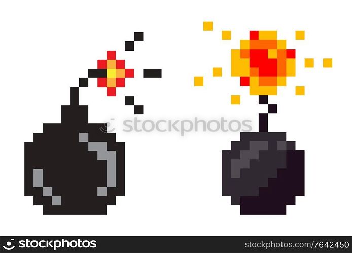 Pixel game icons vector, isolated bombs with fire. Graphics of retro gaming, flat style of weapon with flames, destruction and danger explosive substance. Bomb with Fire, Explosive Weaponry Pixel Game