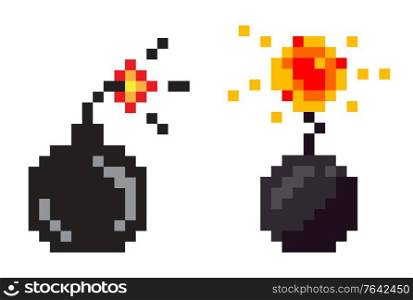 Pixel game icons vector, isolated bombs with fire. Graphics of retro gaming, flat style of weapon with flames, destruction and danger explosive substance. Bomb with Fire, Explosive Weaponry Pixel Game