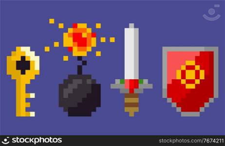Pixel game icons vector, isolated set of golden key unlocking doors, sword with razor and handle, shield and bomb with fire made from explosion flat style. Shield and Bomb with Fire Explosion, Sword Icon
