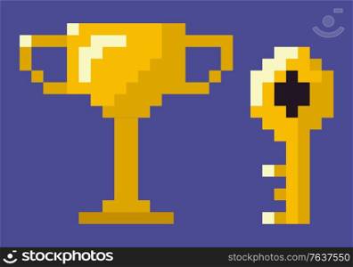 Pixel game icons vector, key and trophy for successful completion of level, unlocking doors and mysteries, solving problems, award for winner flat style. Gold Trophy and Key, Pixelated Icons of Game Set