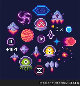 Pixel game icons vector, planet and spaceship, aliens in uniforms. Hourglass and button, transport and black hole, pixelated points and shield sign with number. Space Game Pixel Art, Aliens and Spaceship Icons