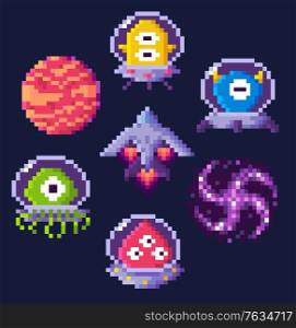 Pixel game icons vector, planet and spaceship, aliens in uniforms in video-game. Hourglass and button, transport and black hole, 8 bit pixelated points and red planet for app game. Space Game Pixel Art, Aliens and Spaceship Icons