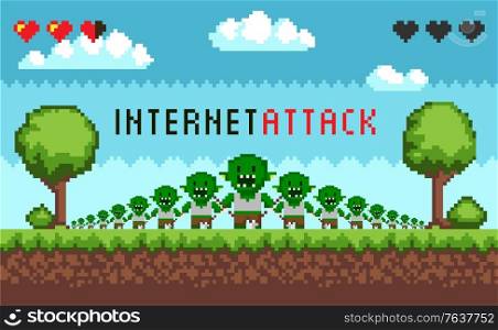 Pixel game interface hacker attack. Hacker troll monster characters, hacking the Internet. E-mail spam viruses bank account hacking. Pixelated scene of internet crime attack. Online scam and steal. Pixel Game Interface Hacker Attack