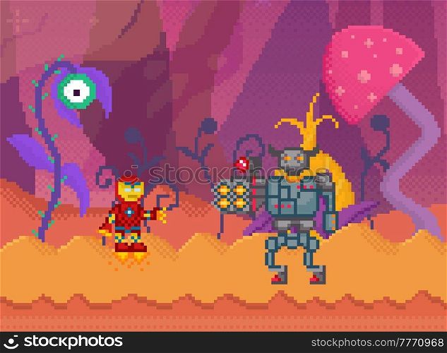 Pixel game interface layout design. Angry iron pixelated monster with horns fighting character. Unidentified flying object goes to astronauts. Alien attacks pixelated warrior in red cosmic suit. Pixel game interface layout design. Angry iron pixelated monster with horns fighting character